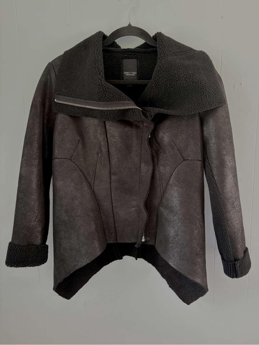 Simply Vera Vera Wang Gray Faux-Shearling Asymmetrical Jacket S